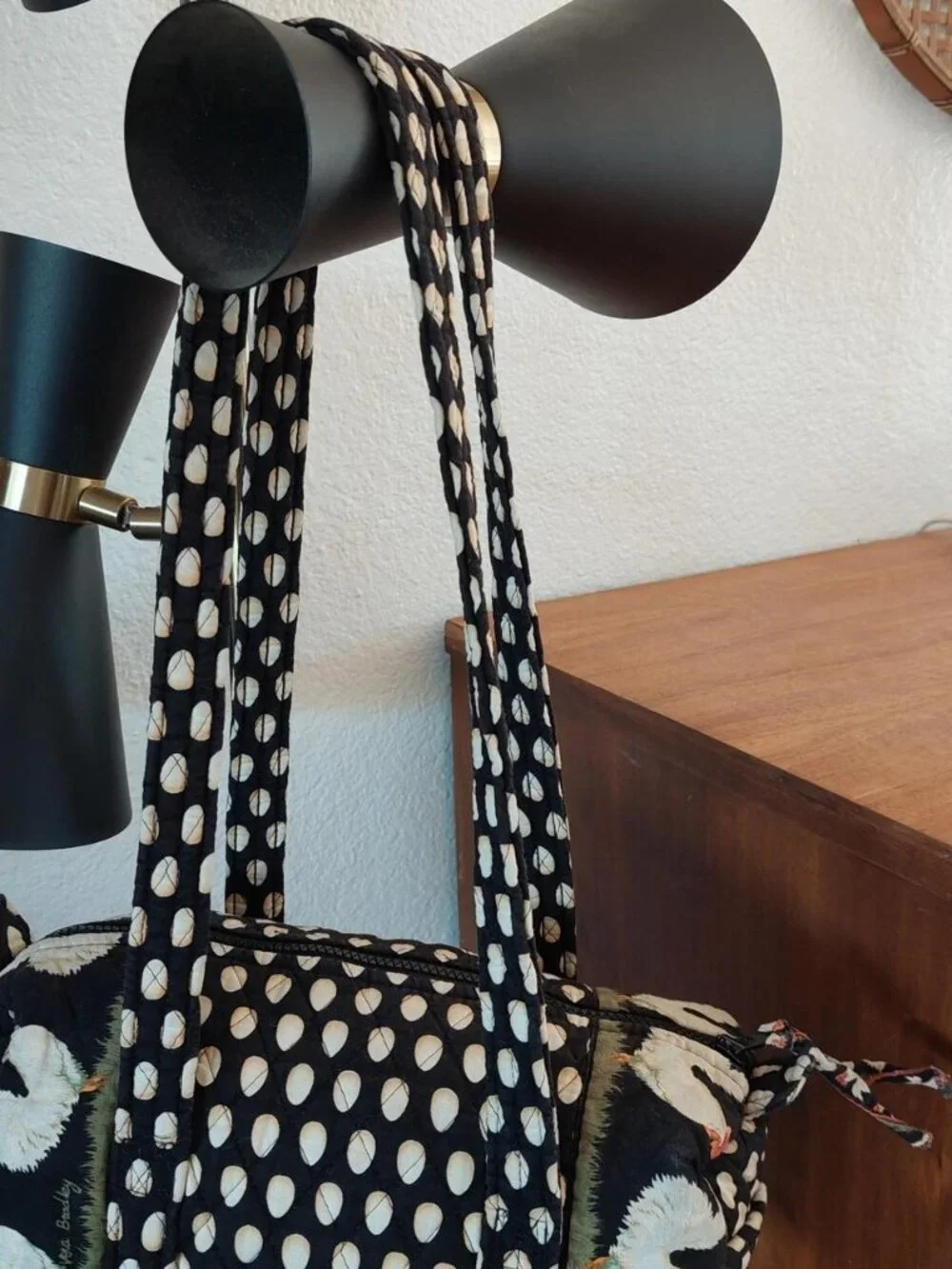 Vera Bradley black & white polka dot tote bag with white chicken graphics egg ro